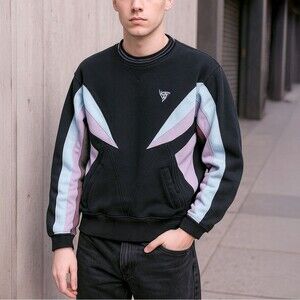 Hypland Sweatshirt Mens S Black Pastel Color Block Panels Pockets Crewneck 90s